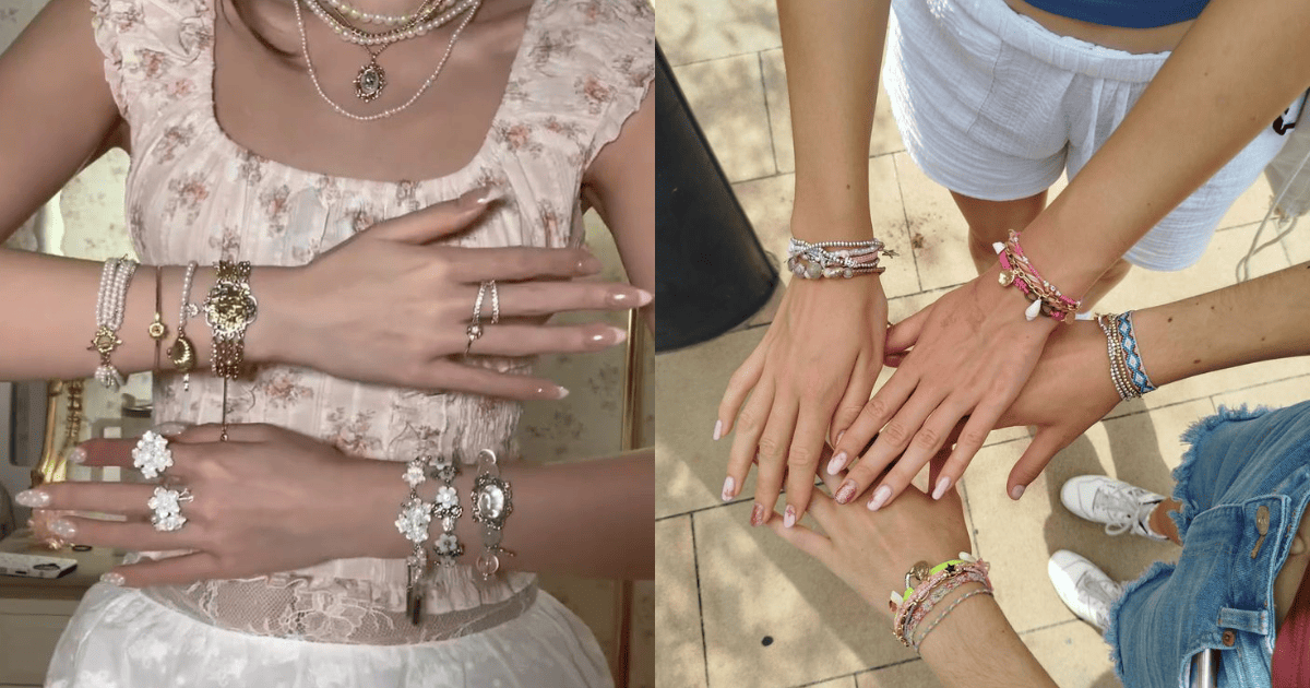 cách phối vòng tay handmade với outfit, kết hợp vòng tay hạt cườm và vòng tay thép không gỉ để tạo điểm nhấn cá tính.